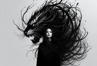 The primary subject of the image is a woman with long, dark hair. She is wearing a black shirt and has a tattoo on her arm. The setting is a black and white background, which adds a dramatic and artistic touch to the scene. The visual style is a combination of a photo and a drawing, creating a unique and intriguing image. The colors and mood are predominantly dark, with the woman's hair and the black shirt being the main focus of the image.